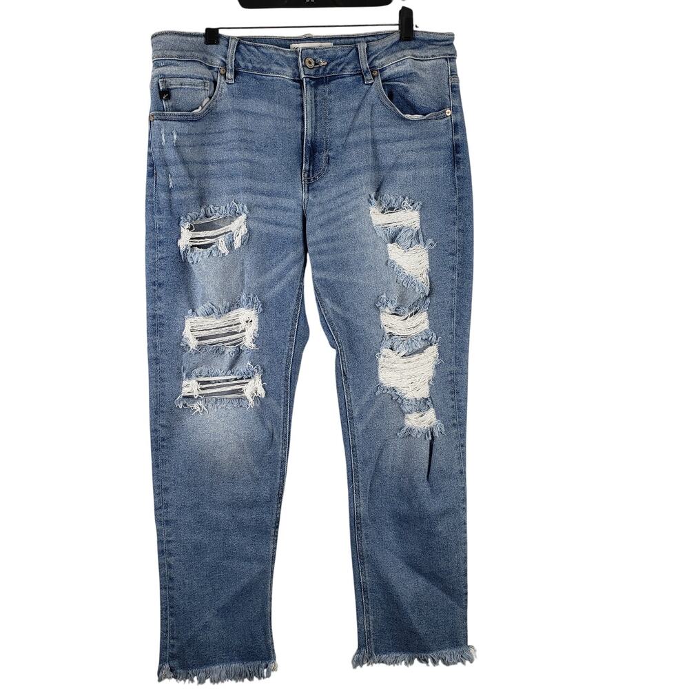 KanCan Women's 14 Distressed Boyfriend‎ Jeans Light Wash Frayed Ripped Denim